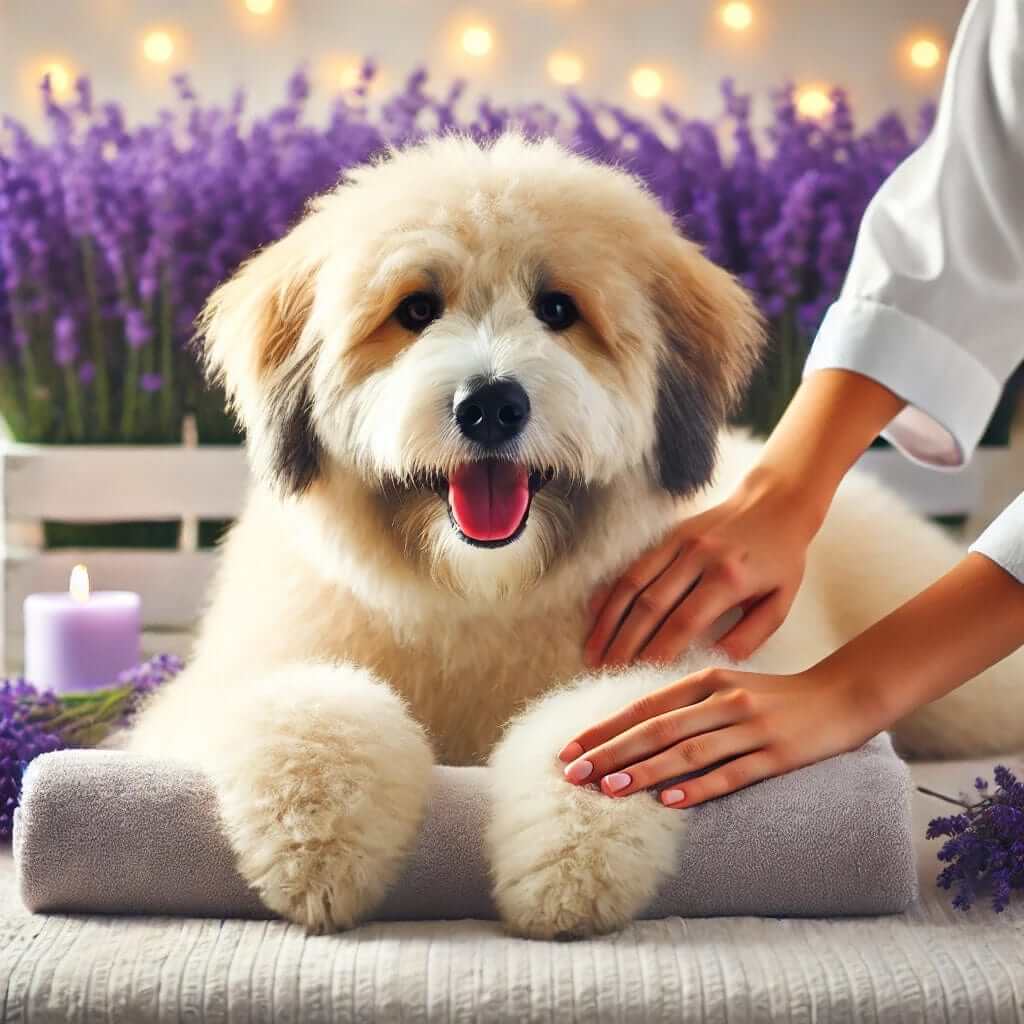 Aromatherapy and lavender dry shampoo for dogs in Austin. A soothing spa experience for your dog's coat and skin