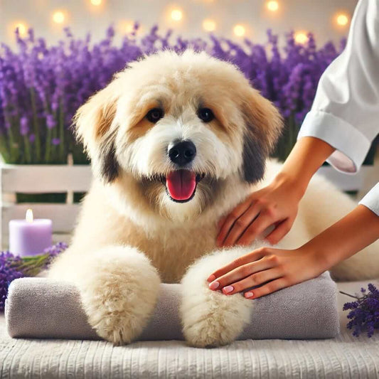 Aromatherapy and lavender dry shampoo for dogs in Austin. A soothing spa experience for your dog's coat and skin